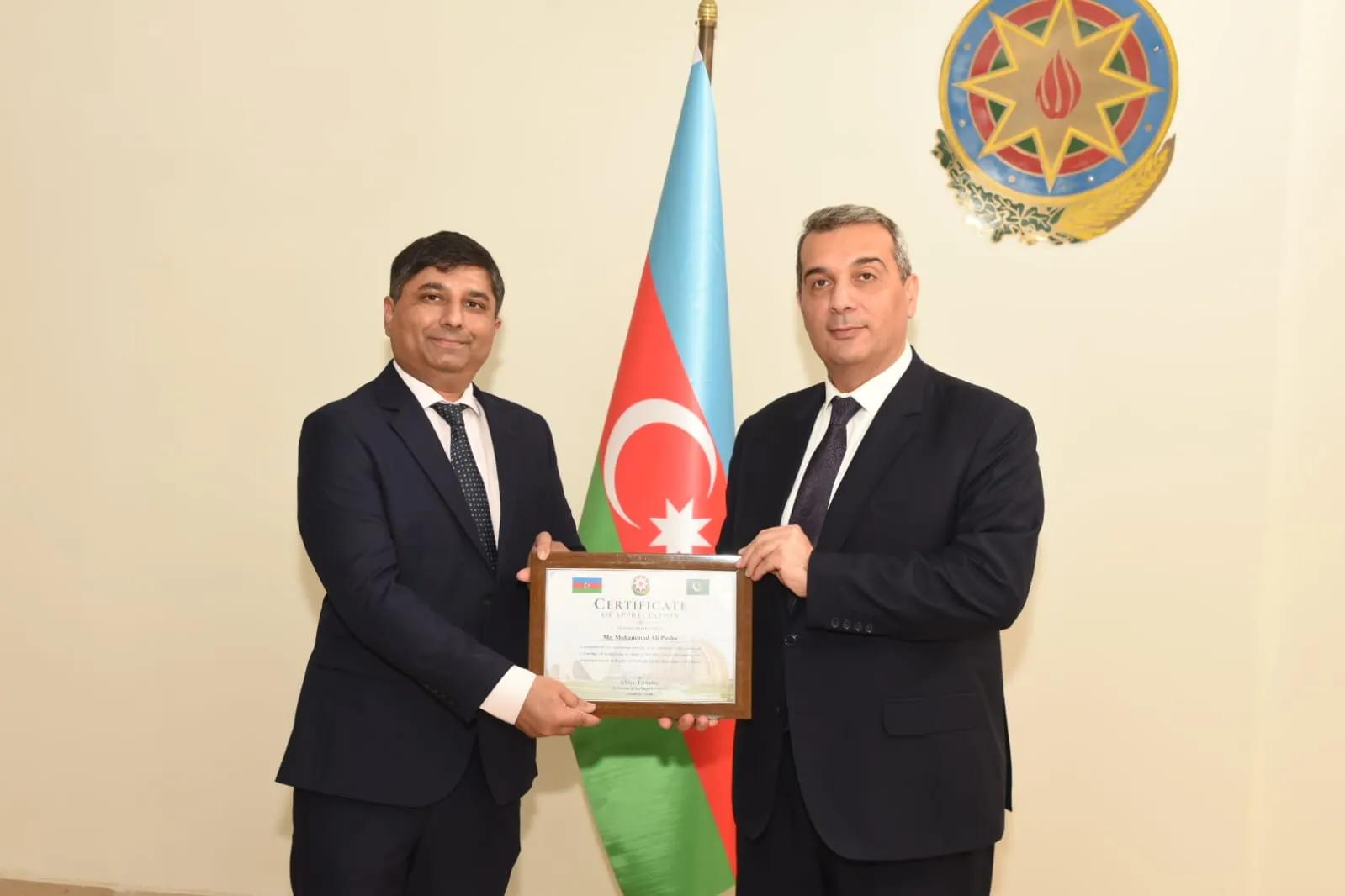 Award Certificate Presented to Muhammad Ali Pasha by Ambassador Khazar Farahdov